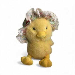 vintage Dakin yellow duck chick stuffed animal plush toy floral bonnet Easter